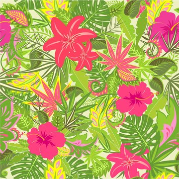 Summery tropical wallpaper with colorful leaves and flowers