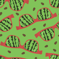Retro sunglasses with reflection of watermelon on a bright green background . Seamless vector illustration.