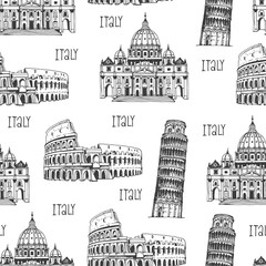 Seamless background with italian landmarks, hand frawn travel pattern