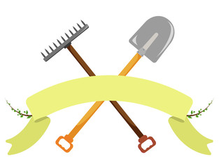 Shovel, rake on a white background. Vector