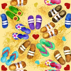 Tuinposter Flip Flops. Watercolor seamless pattern. © nataliahubbert