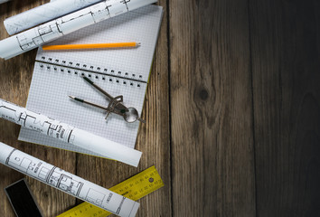 Building and project tools concept. Wooden desk,  Constructor tool.  top view, place  for typography
