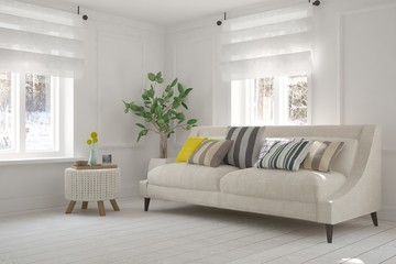 White room with sofa and winter landscape in window. Scandinavian interior design. 3D illustration