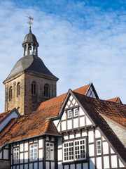 Fototapeta na wymiar Tecklenburg, Stadtkirche und Fachwerkhäuser, Deutschland
