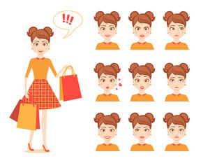 Vector flat set illustration of emotional young pretty girl teenager. Portrait of modern woman who cries, laughs, smiles and sad, surprised and scared. The female figure and face expresses emotions.