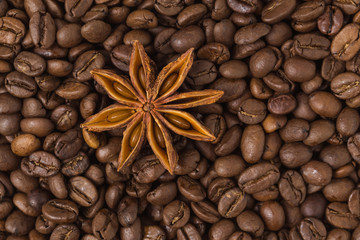 Coffee, coffee beans, food, flavor, brown beans, wood background, spices, star anise, star, enjoy, good times, beverages, characteristics,black, black, breakfast, breakfast, coffee color,