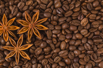 Coffee, coffee beans, food, flavor, brown beans, wood background, spices, star anise, star, enjoy, good times, beverages, characteristics,black, black, breakfast, breakfast, coffee color,