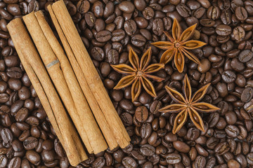 Coffee, coffee beans, food, flavor, brown beans, wood background, spices, star anise, star, enjoy, good times, beverages, characteristics,black, black, breakfast, breakfast, coffee color,