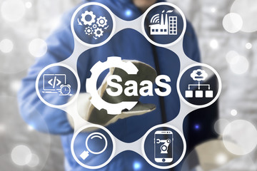 SAAS Computing IOT Industry 4.0 Development Concept. Industrial worker touched gear SaaS icon on...