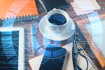 Business workplace with tablet pc and security concept on screen