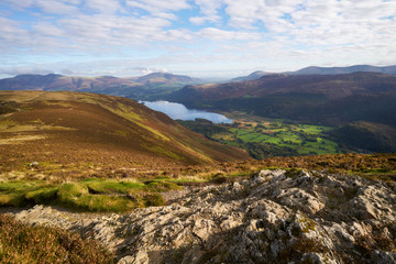 Views of Derwent Water and Borrowdale from the summit of Maiden Moor in the Lake District, England, UK.