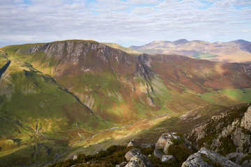 Views of the summit of Hindscarth and Newlands Beck from the summit of High Spy in the Lake District, England, UK.