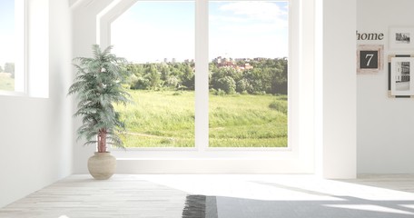 White empty room with green landscape in window. Scandinavian interior design. 3D illustration
