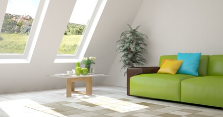 White room with sofa and green landscape in window. Scandinavian interior design. 3D illustration