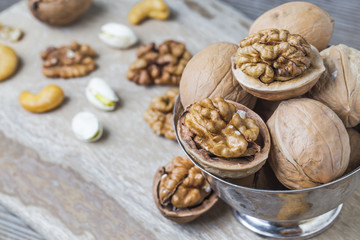 Fototapeta na wymiar Walnut, walnut, pistachio, cashew nuts,