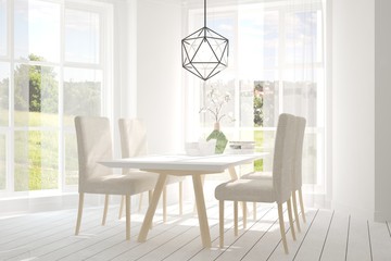 White dinner room with green landscape in window. Scandinavian interior design. 3D illustration