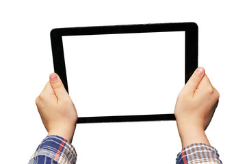 tablet with clean white screen in hands