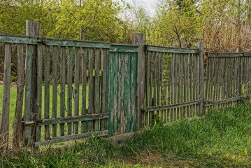 Старый серый забор с зелёной калиткой в траве