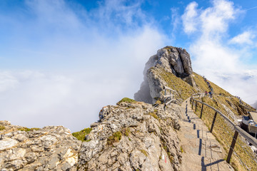 View of Swiss Alps from Mt. Pilatus trail and Lucerne lake (Vierwaldstattersee) in Lucerne, Switzerland