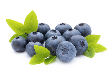 Eco Fresh blueberries with leaves on a white background.
