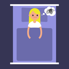 Insomnia conceptual illustration. young blond girl lying in the bed with open eyes / flat editable vector illustration