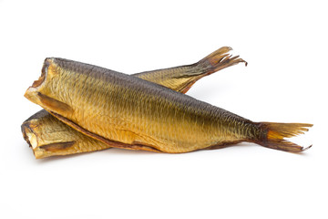 Smoked trout in front of a white background.