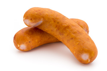 Sausage and spices isolated on white background, fresh delicious frankfurter.