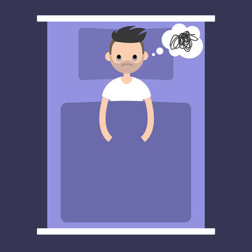 Insomnia conceptual illustration. young bearded man lying in the bad with open eyes / flat editable vector illustration