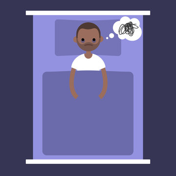 Insomnia conceptual illustration. young black man lying in the bed with open eyes / flat editable vector illustration
