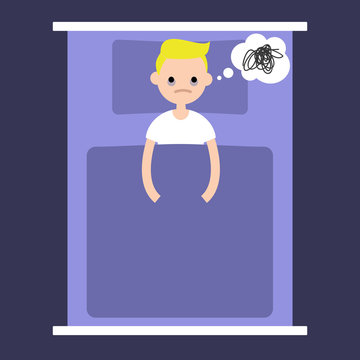Insomnia conceptual illustration. young blonde boy lying in the bad with open eyes / flat editable vector illustration