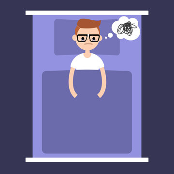 Insomnia conceptual illustration. young nerd lying in the bed with open eyes / flat editable vector illustration
