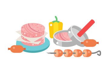 Meat products ingredient and rustic elements preparation equipment food flat vector illustration.