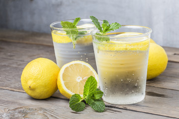 Homemade lemonade with fresh lemon and mint