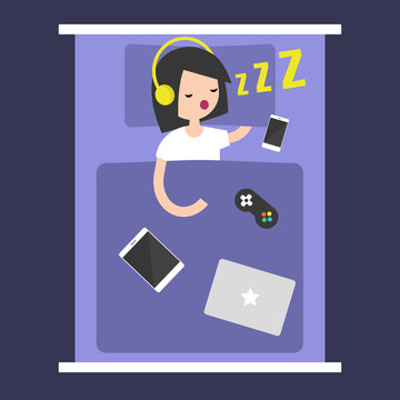 New Technologies Addiction. young girl sleeping with all his gadgets in bed / editable flat vector illustration