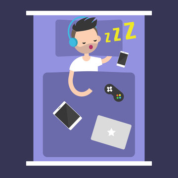 New Technologies Addiction. young bearded man sleeping with all his gadgets in bed / editable flat vector illustration