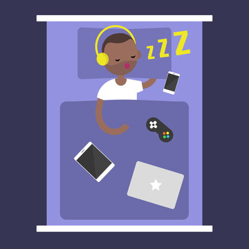 New Technologies Addiction. young black man sleeping with all his gadgets in bed / editable flat vector illustration