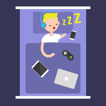 New Technologies Addiction. young blonde boy sleeping with all his gadgets in bed / editable flat vector illustration