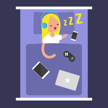 New Technologies Addiction. young blonde girl sleeping with all her gadgets in bed / editable flat vector illustration