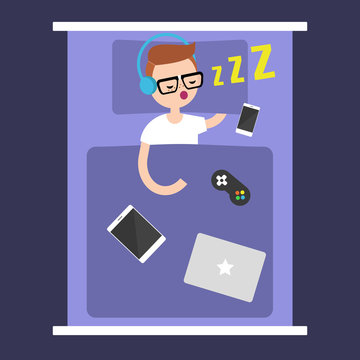 New Technologies Addiction. young nerd sleeping with all his gadgets in bed / editable flat vector illustration