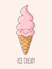 Hand Drawn Vector Illustration of Cute Ice Cream Cone with Text. 