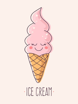 Hand Drawn Vector Illustration Of Cute Ice Cream Cone With Text. 