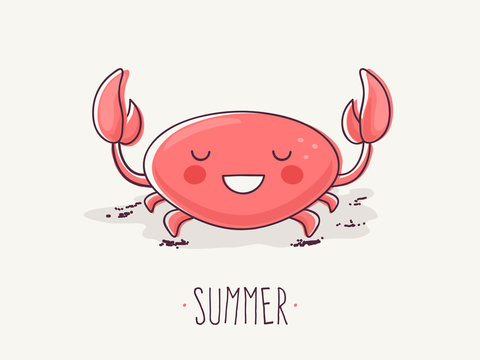 Hand Drawn Cartoon Illustration of Cute Smiling Crab with Summer Text.