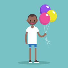 Young black man holding a bunch of colourful balloons // editable flat vector illustration