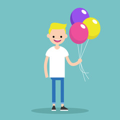 Young blond boy holding a bunch of colourful balloons // editable flat vector illustration