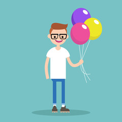 Young nerd holding a bunch of colourful balloons // editable flat vector illustration