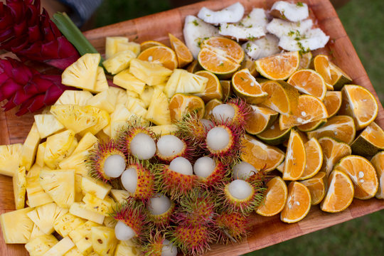 Assorted tray of tropical fruit, close up