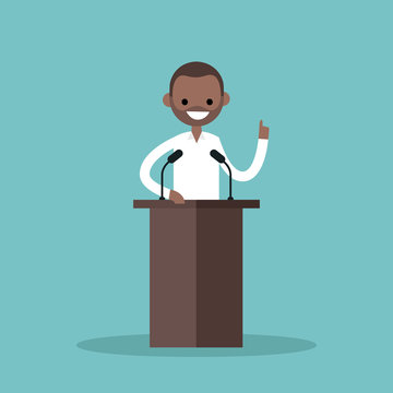 Young black man standing behind the tribune and pointing his finger up / flat editable vector illustration