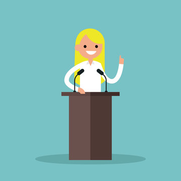 Blonde girl standing behind the tribune and pointing her finger up / flat editable vector illustration