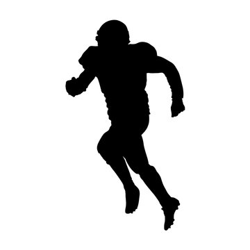 Running football player, vector silhouette, front view