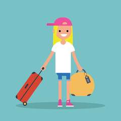 Young teenage girl travelling with her luggage / flat editable vector illustration